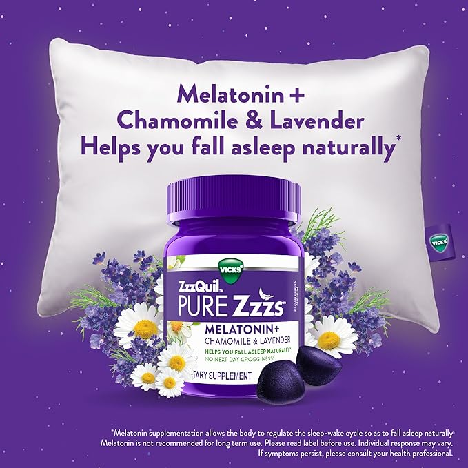 ZzzQuil Pure Zzzs Melatonin Sleep Aid Gummies with Lavender Valerian Root and Chamomile Natural Wildberry Vanilla Flavor Non-Habit Forming Drug-Free 24 Gummies (Pack of 4)