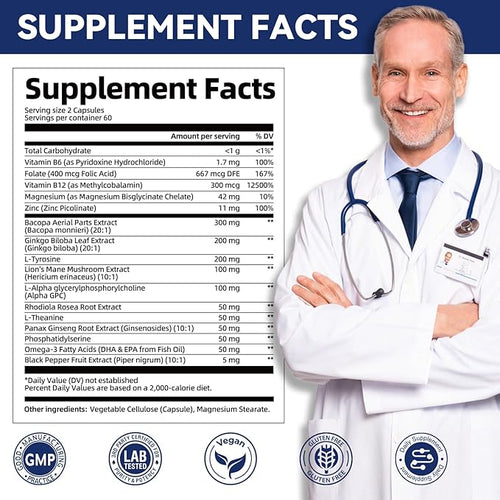 2-Pack Brain Supplements for Memory &amp Focus | Nootropic with Bacopa Lion's Mane Alpha GPC | Mental Clarity &amp Cognitive Support | Vitamin B6 &amp B12 – 240 Caps (120/Bottle)