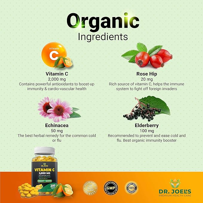Dr. JOEL'S Immune Support Vitamin C 2000 mg - 200 Tablets - with Zinc Elderberry Rose Hip Echinacea - Boosts Immune System- Made in USA