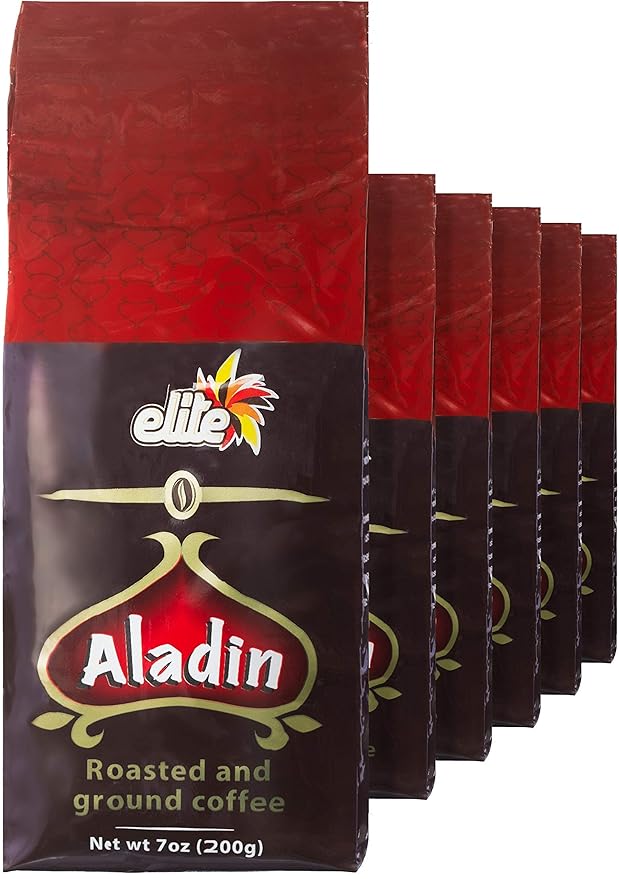 Elite Aladin Turkish Roasted &amp Ground Coffee 7oz (6 Pack) | Kosher for Passover Vacuum Packed Rich &amp Aromatic