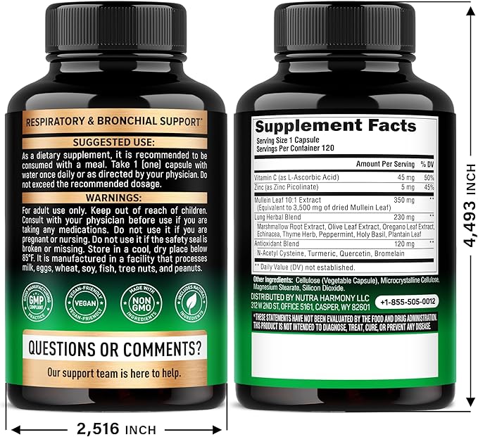 Mullein Leaf Extract for Lung Detox - Marshmallow Root | Echinacea | Oregano | Quercetin | NAC - 15-in-1 Lung Support &amp Cleanse for Smokers Supplement - Made in USA - As Drops Tincture - 120 Caps