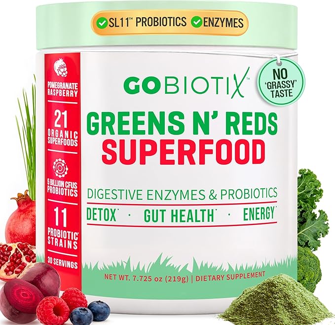 GOBIOTIX Super Greens Powder with Organic Spirulina - Superfood Supplement with Fruit Blend Probiotics and Enzymes for Digestive Health - Vegan Non-GMO - 30 Servings (Pomegranate Raspberry - 1 Pack)