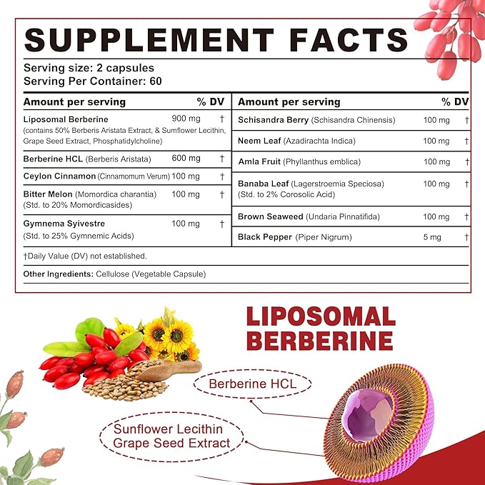 Berberine Supplement Organic 1500mg with Ceylon Cinnamon Bitter Melon Liposomal Berberine HCL Complex Supplements Immune &amp Digestive Support - Non-GMO Organic Vegan Berberine Capsules 120Cts