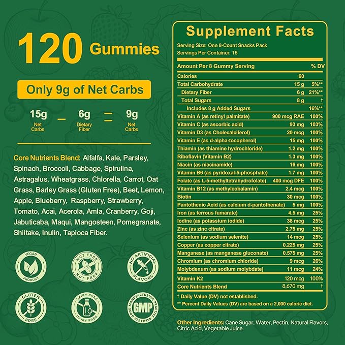 Greens Daily Gummies Super Greens Gummies for Adults Superfood Multivitamin Gummy with Spirulina Chlorella Prebiotic Fiber Fruit Veggie for Digestive &amp Gut Health Adaptogens Supplement 120 C