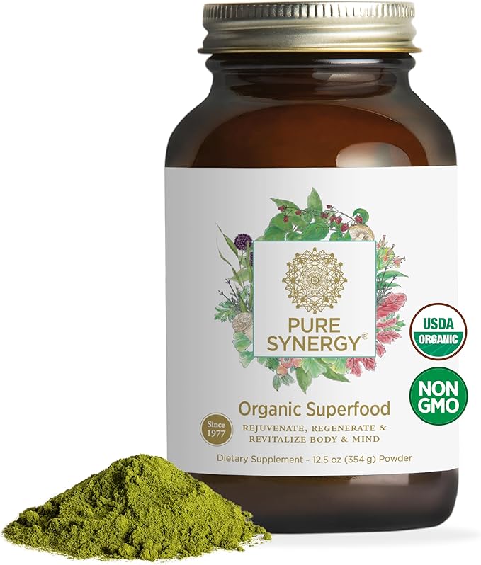 PURE SYNERGY Organic Superfood Powder | Green Superfood Powder | Whole Food Supplement with Organic Greens Spirulina and Mushrooms | for Energy Healthy Aging and Immune Health (12.5 oz)