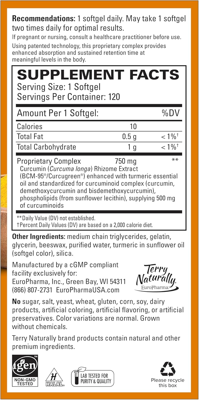 Terry Naturally CuraMed 750 mg - Antioxidant Supplement for Brain &amp Heart Health Support - Supplement with High-Potency Curcumin Complex - Kidney Liver &amp Immune Health Support - 120 Softgels