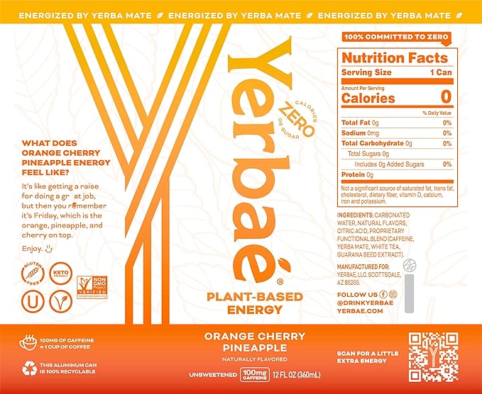 Yerbaé Energy Seltzer - Orange Cherry Pineapple No Sugar/Calories/Carbs. Energized by Yerba Mate Naturally Caffeinated Plant-Based Healthy Alternative to Coffee/Sugary Sodas Pack of 12 12oz cans