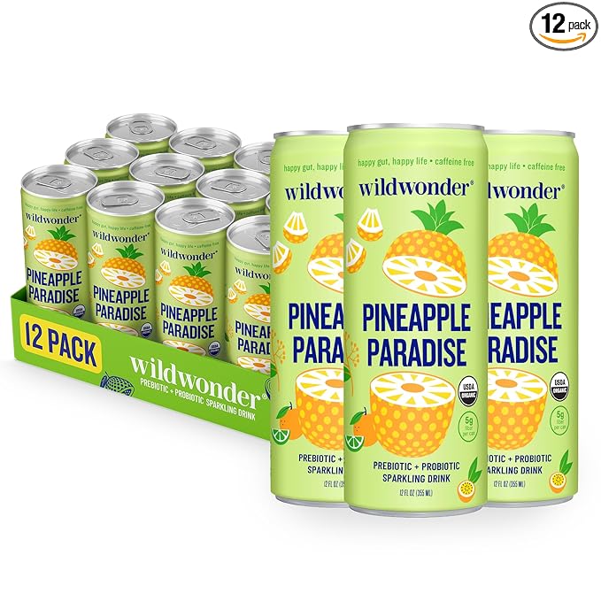 wildwonder Sparkling Probiotic Drink 12pk For Gut Health &amp Immune Support Pineapple Paradise 5g Prebiotic Fiber Live Probiotics Organic Vegan Low Sugar 12 Pack 12oz Can As Seen on Shark
