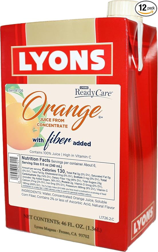 Lyons ReadyCare 100% Orange Juice with Fiber for Digestive Health - 46 fl oz Cartons (12 Pack)