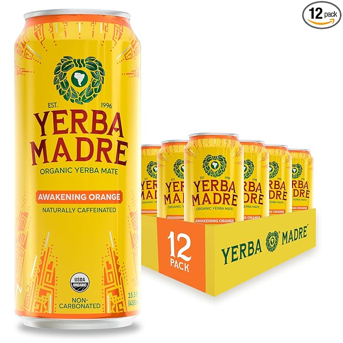 Yerba Madre Organic Yerba Mate Awakening Orange 150mg Natural Caffeine Energy Drink Alternative No Jitters or Crash 15.5 Oz Cans (Pack of 12)