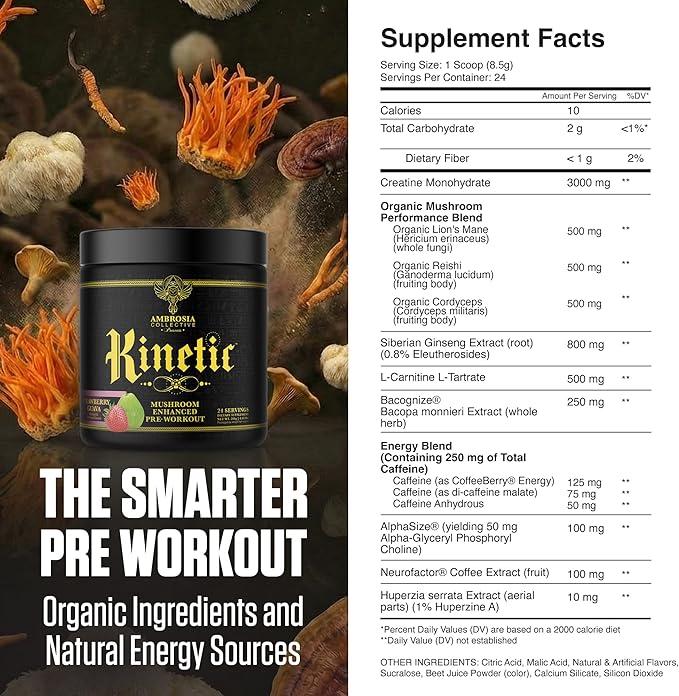 Ambrosia Kinetic - Organic Pre Workout Powder with Creatine | Natural Mushroom Pre Workout | Nootropic Pre for Clean Energy &amp Focus | 24 Servings | Strawberry Guava