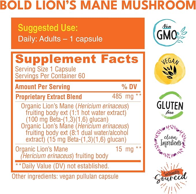 Bold Botanica Organic Lions Mane Supplement Capsules - 100% Fruiting Body Dual Extract - 115mg Beta-Glucans - Lion’s Mane Mushroom Extract for Brain Memory &amp Mood Immune Support - 60 Vegan Capsu