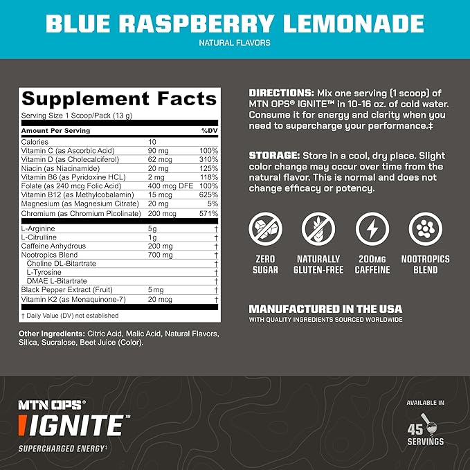 MTN OPS Ignite Sugar Free Energy Drink Powder with 200mg Caffeine Nootropic Blend for Energy Focus &amp Endurance L Arginine &amp L Citrulline Pre Workout 45 Servings Blue Raspberry