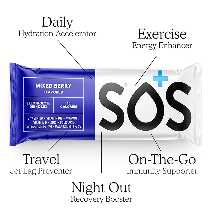 SOS Daily Electrolyte Stick Packets – Multi Pack | 24 Sticks | Rapid Hydration Powder with Electrolytes &amp Vitamins | Low Sugar Keto Friendly | 8 Mixed Berry | 8 Watermelon | 8 Rainbow Sherbert