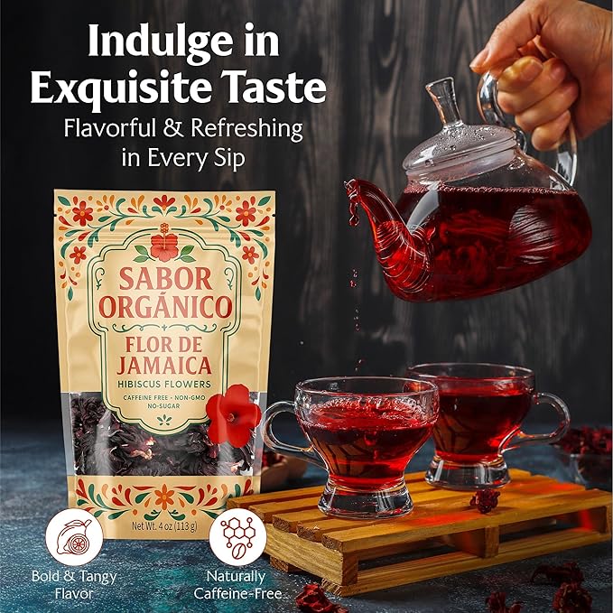 2LB Whole Dried Hibiscus Flowers (Flor de Jamaica) for Hibiscus Tea &amp Mexican Agua Fresca | Natural Non-GMO No Preservatives | Includes Resealable 1lb Stand-Up Pouches | Sabor Orgánico