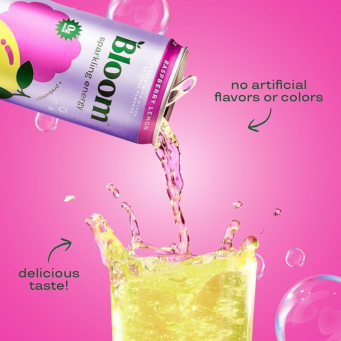 Bloom Nutrition Sparkling Energy Drink for Focus Natural Caffeine Zero Sugar 180mg Caffeine Antioxidant-Rich with Green Coffee Bean Green Tea Extract &amp Prebiotics Raspberry Lemon 12oz 24 Pa