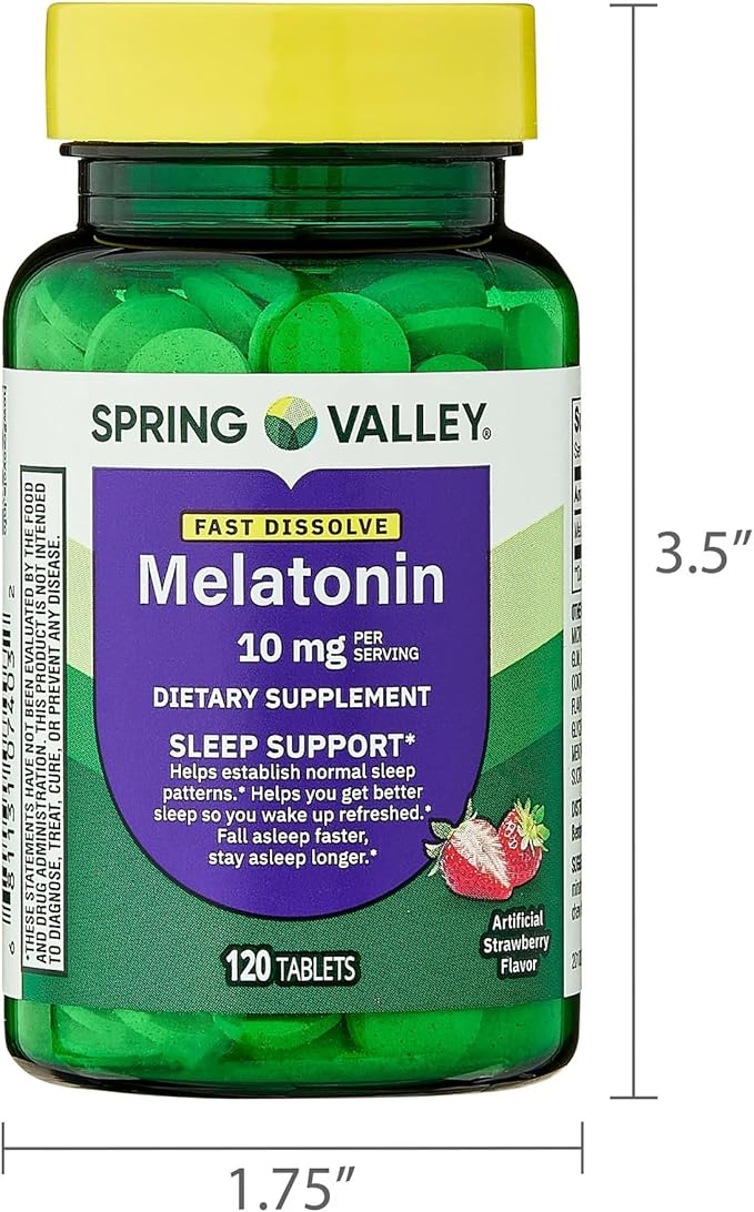 SUREFECT Spring Valley Melatonin 10mg Tablets - 120 Count - Strawberry Flavor Sleep Support Allergen-Free Organizer.