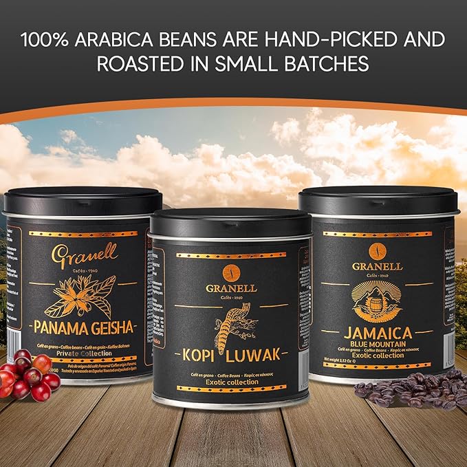 Cafés Granell Kopi Luwak Jamaica Blue Mountain &amp Panama Geisha Coffee 3 Pack Gift Set | Exotic Collection Fresh Whole Beans Quality Controlled 100% Arabica Coffee-Premium Medium Roast 3.53oz ea.