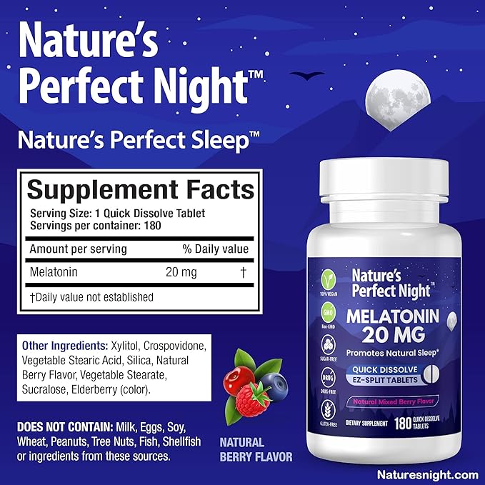 Nature's Perfect Night Bundle | Melatonin 20mg | Kids Melatonin 1mg | 180 Count | 100 Count | Sugar Free | Gluten Free | Non-GMO | Vegan
