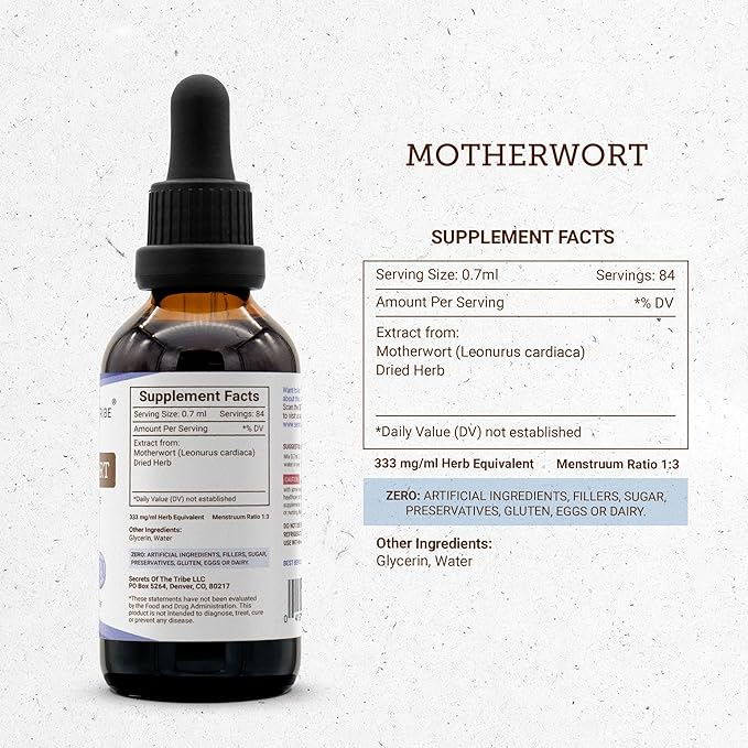 Secrets of the Tribe Motherwort Tincture Alcohol-Free Liquid Extract Motherwort (Leonurus Cardiaca) Dried Herb (2 FL OZ)