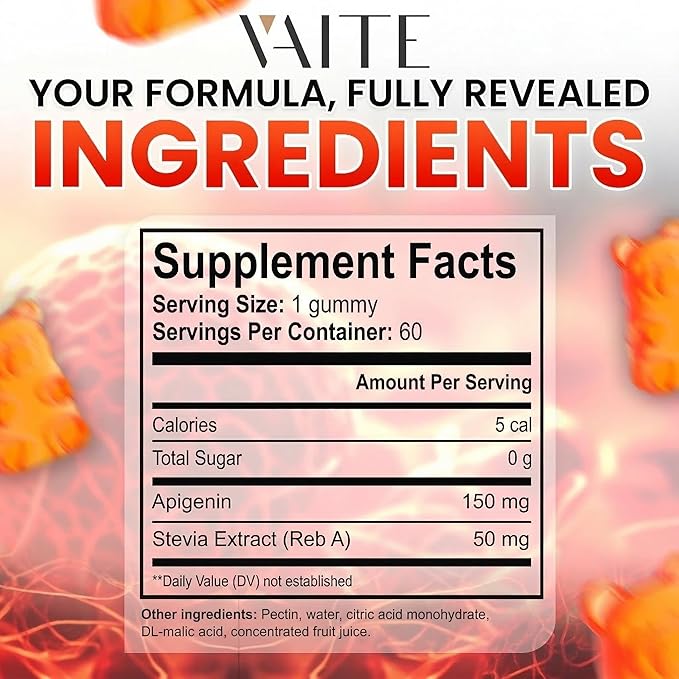 Apigenin Supplement 150mg - Chamomile Extract Vegan Gummies with Flavonoids Bioflavonoids &amp Polyphenols - Plant-Based Relaxation Support - Liposomal Calm Formula - Non-GMO Herbal Mood Balance