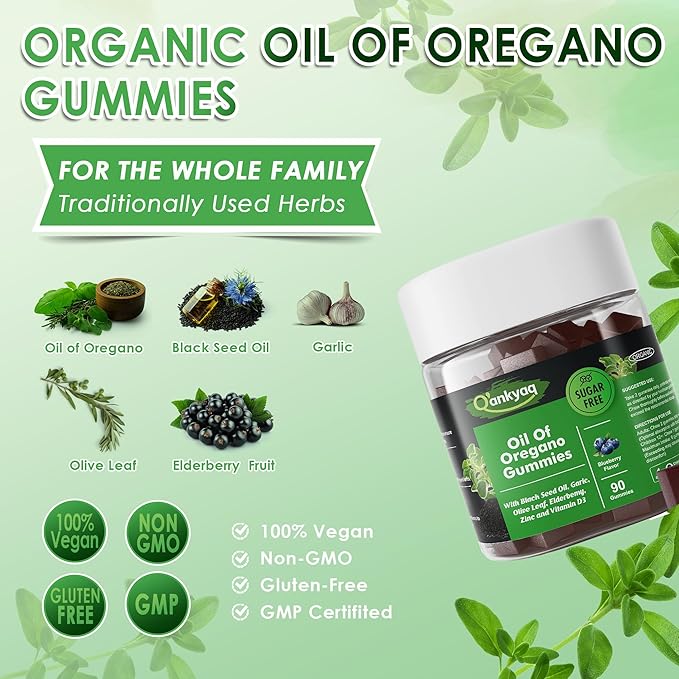 Oregano Oil with Black Seed Oil Organic Gummies for Kids and Adults | 6-in-1 Oregano Oil Supplement | Carvacrol + Thymoquinone | Immune Support with Garlic Elderberry | Sugar-Free 90 Chewable
