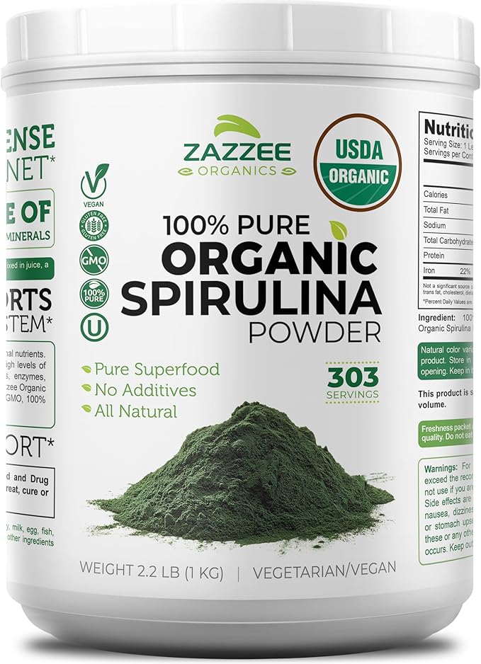 Zazzee USDA Organic Spirulina Powder 2.2 Pounds (1 KG) 303 Servings Certified Kosher 100% Pure Non-Irradiated Mess-Free Wide Mouth Container Fresh Smell and Neutral Taste Non-GMO Made in USA