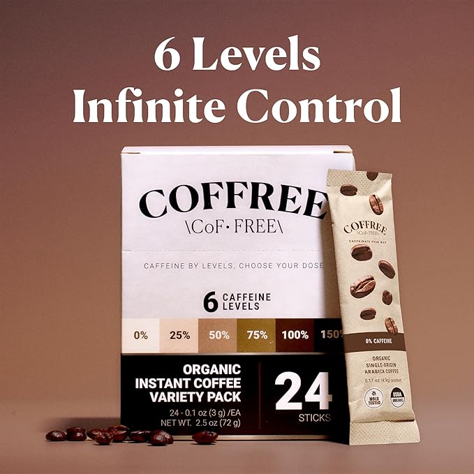 COFFREE Organic Instant Coffee Packets Variety Pack - Convenient Single Serve Coffee Sticks Mold Free Low Acid Arabica for On-the-Go Energy - 0–150% Caffeine Options for Hot or Cold Brew - 24 Count
