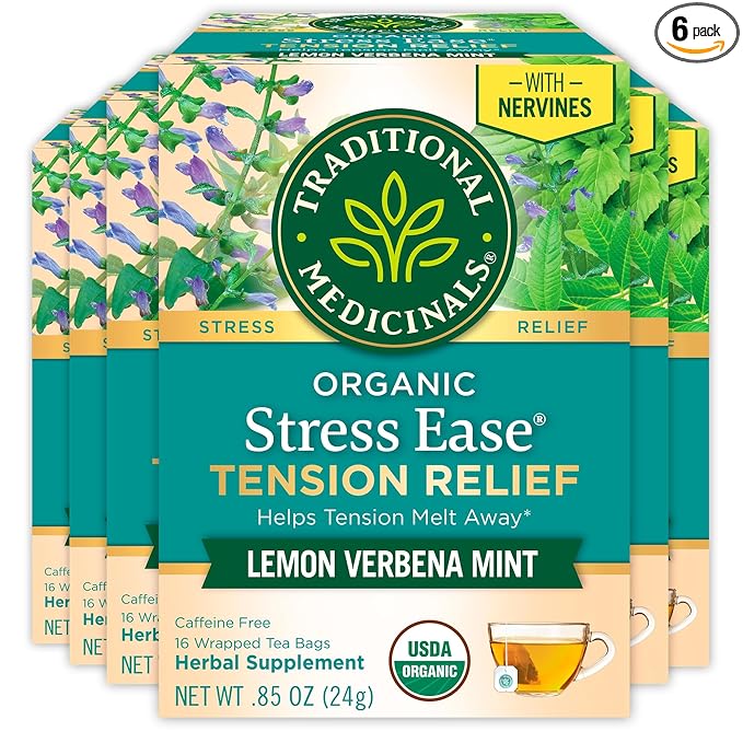 Traditional Medicinals Organic Stress Ease Tension Relief Tea Lemon Verbena Mint 96 Count (Pack of 6)