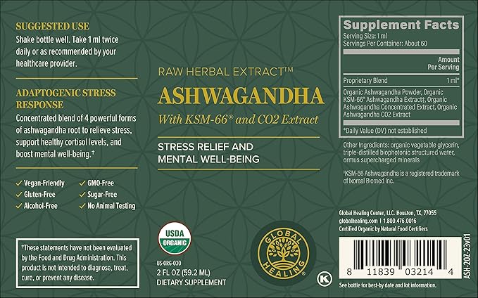 Global Healing Center - Organic Ashwagandha Supplements Drops - KSM-66 Ashwagandha Extra Strength for Men &amp Women Helps Promote Relief from Stress Mood Support Organic (2 Fl Oz) (Pack of 2)