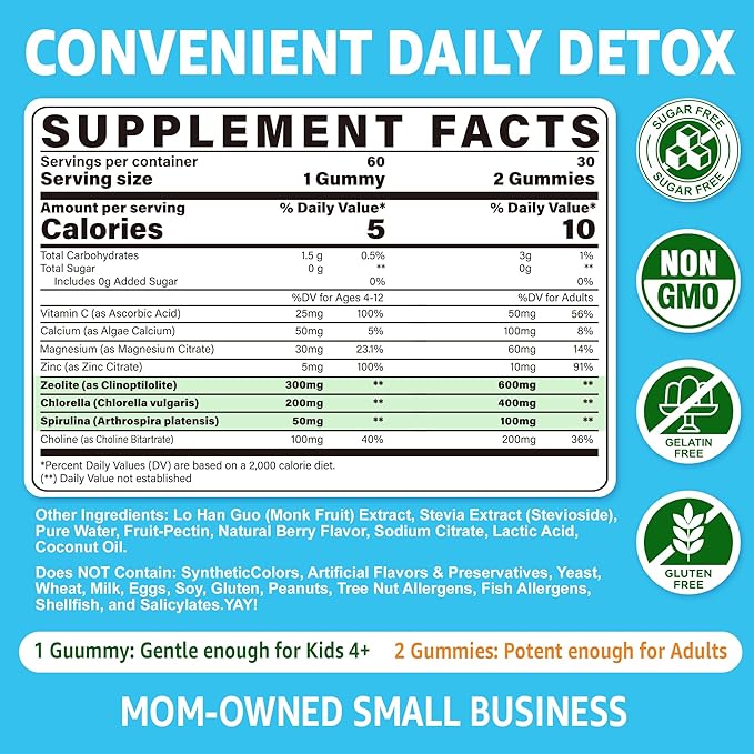 Zeolite Gummies for Kids &amp Adults Sugar Free Zeolite Detox Supplements w/ Chlorella Spirulina Minerals Choline - Gentle Body Detox &amp Cleanse Gut Health Immune Focus Energy Bone Vegan