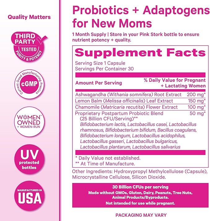 Pink Stork Probiotics for Postnatal Women - 30 Billion CFUS with Ashwagandha and Chamomile Postpartum Essentials for Hormone Balance Mood Support Gut Health Digestive Wellness 30 Capsules