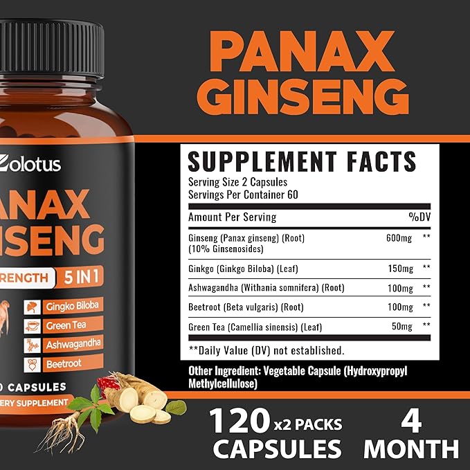 Zolotus Korean Red Panax Ginseng + Ginkgo Biloba Ashwagandha Beetroot Green Tea - 120 Capsules (Pack of 2)