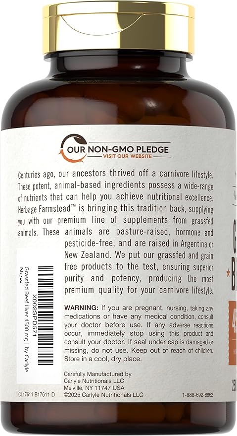 Carlyle Grass Fed Beef Liver Capsules | 4500mg | 250 Count | Desiccated Supplement | Non-GMO Gluten Free | by Herbage Farmstead