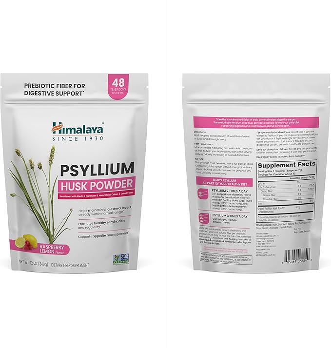 Himalaya Raspberry Lemon Psyllium Husk Powder Daily Fiber Supplement for Digestive Health &amp Regularity Sugar-Free Gluten-Free Vegan No Artificial Colors Easy-to-Mix 12 oz (340 g)