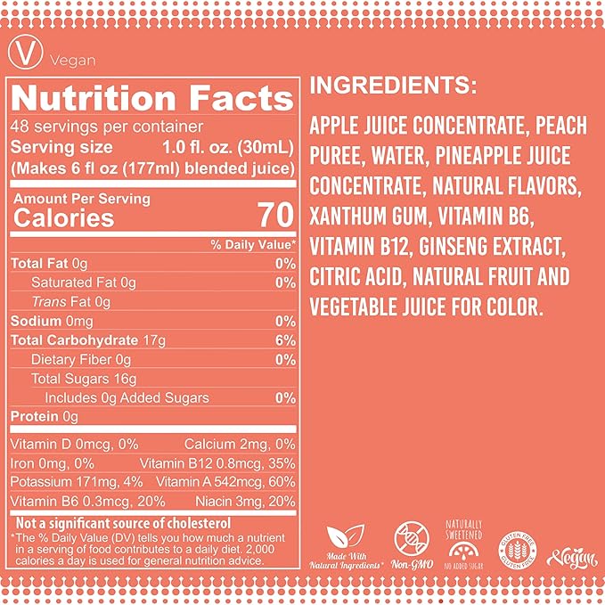 Fruniti Peach Smoothie Mix - Energy Boosting - No Sugar Added - Delicious Fruit Puree - Vitamin B-6 Vitamin B-12 Ginseng - Apple Pineapple Peach Purée - Makes 24 Smoothies