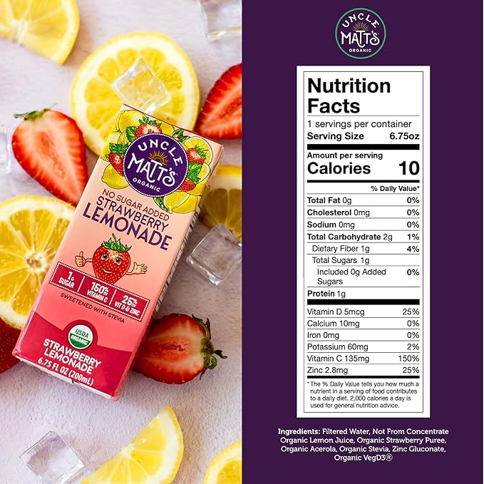 Uncle Matt’s Organic Juice Boxes – 32 Pack No Sugar Added Strawberry Lemonade USDA Organic Only 10 Calories with Vitamin C D &amp Zinc Kid-Friendly Juice Drinks