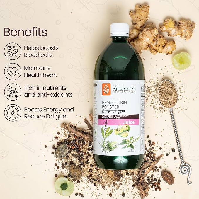 KRISHNA'S HERBAL &amp AYURVEDA Hemoglobin Booster Juice - 500 Ml (Pack of 2) Helps to Improve Your Haemoglobin Count Goodness Dev Daru Kutki Amla &amp 13 Other Super Herbs 500 ml (Pack of 2) Multi