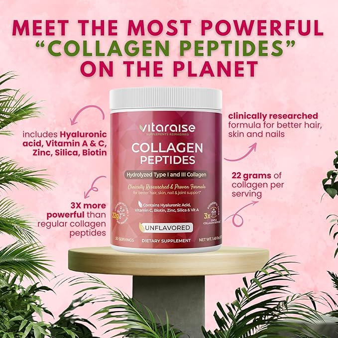 Hydrolyzed Collagen Powder - Type I &amp III Grass Fed Naturally 3X Powerful Collagen Peptides Powder for Women &amp Men - Hair Skin Nail Joints - Unflavored Gluten Free 22g per 30 Serving - 1.