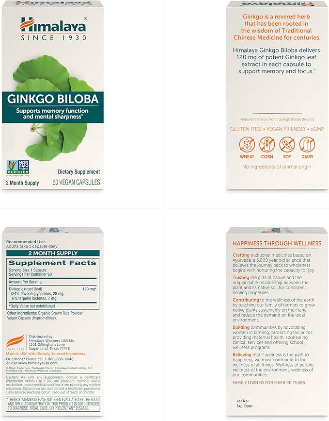 Himalaya Ginkgo Biloba 60 Day Supply - Herbal Brain Supplements for Memory and Focus Support - Vegan Gluten Free 120 mg 60 Capsules