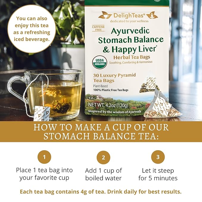 DelighTeas Ayurvedic Herbal Stomach &amp Liver Tea Bags | Eco-Friendly Compostable Pyramids | Organic Milk Thistle Fennel Ginger Peppermint &amp Licorice | Caffeine-Free Kosher | 30 Tea Bags 4g
