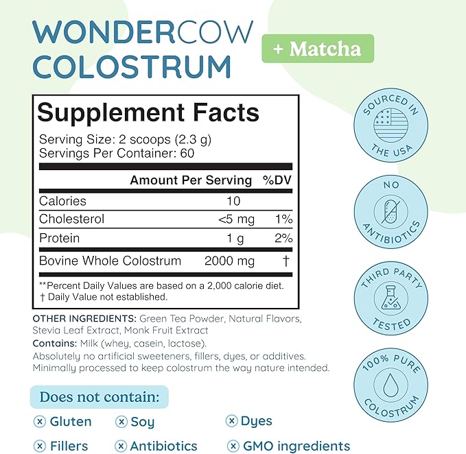 WONDERCOW Colostrum Supplement Powder for Gut Health Immune Support &amp Wellness | Natural IgG Pure Whole Bovine Colostrum Superfood Matcha 60 Servings