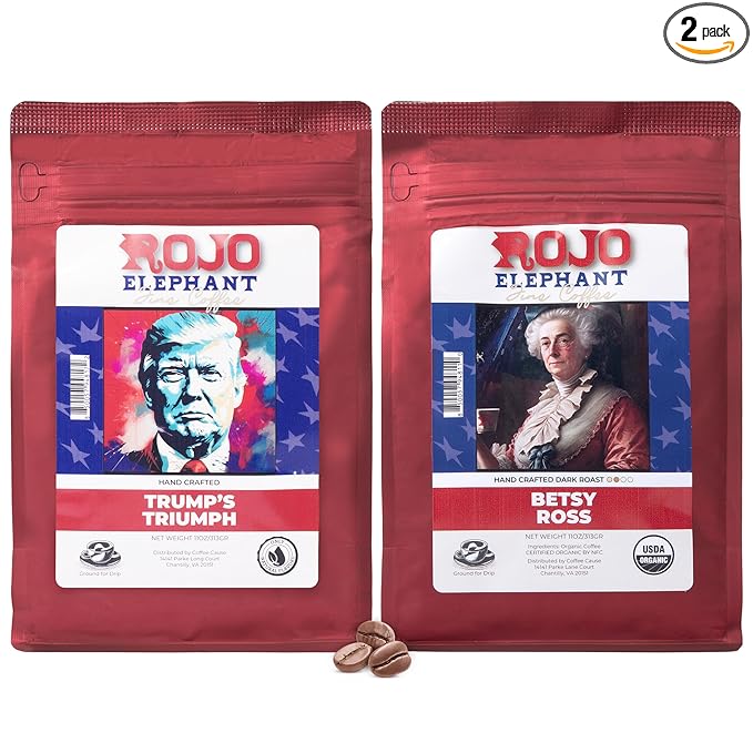 Rojo Elephant Handcrafted Ground Coffee 100% Arabica Beans 11 0z Bags Pack of 2 Trump's Triumph Betsy Ross Classic Duo