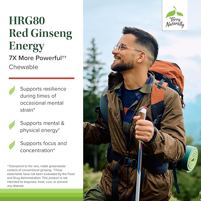 Terry Naturally HRG80 Red Ginseng Energy - Support Healthy Energy &amp Focus - Herbal Supplement with Korean Red Ginseng Root Powder - Vegan Tablets to Aid Healthy Endurance - 30 Chewable Tablets