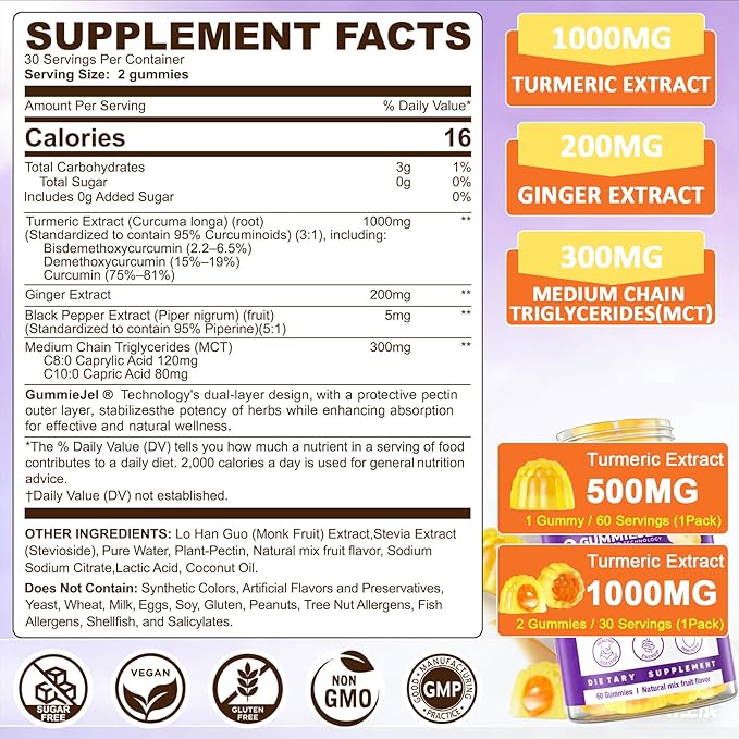 Turmeric Curcumin 1000mg/ 500mg with Ginger Gummies w/MCT Oil C8 C10 95% Turmeric Curcumin Supplement with Black Pepper Extract Support Mobility Comfort Antioxidant Energy Sugar Free 1Pack