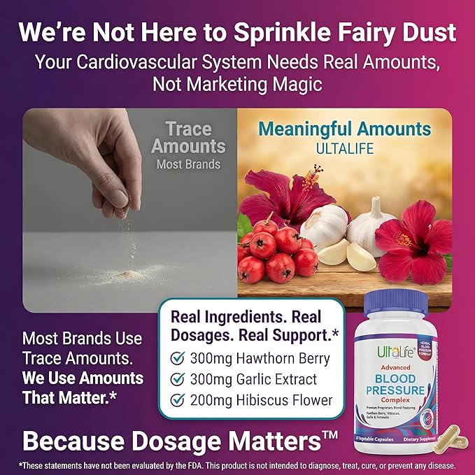 ULTALIFE Blood Pressure Supplements - Advanced Blood Pressure Supplement Complex - Hawthorn Berry Hibiscus Garlic Forskolin - 14 Vitamins &amp Herbs 30 Day Supply in Veggie Capsules