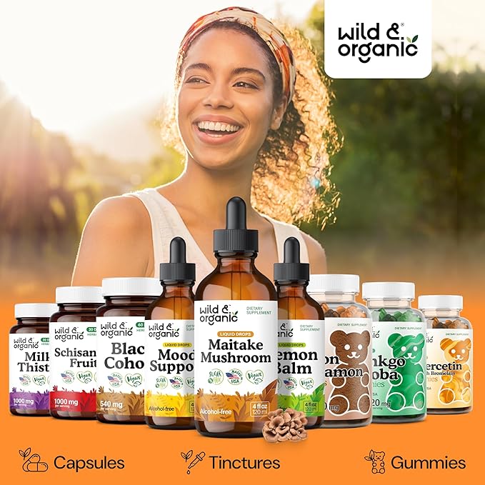 Wild &amp Organic Maitake Mushroom Tincture - Immune Support Supplement - Liquid Maitake Mushroom Extract - Vegan Sugar &amp Alcohol-Free Drops - 4 fl oz