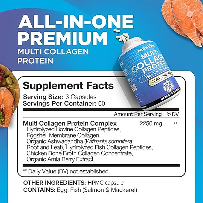 Nutrivein Premium Multi Collagen Pills 2250 mg - 180 Easy-to-Swallow Collagen Capsules: Type I II III V X Hydrolyzed Protein Peptides for Women and Men - Aging Joints Hair Skin Bones &amp Na