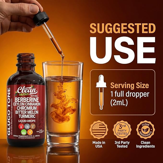 Clean Nutra Berberine with Ceylon Cinnamon Supplement Liquid Drops + Bitter Melon Extract Glucomannan Gymnema Chromium Turmeric Organic Panax Ginseng Moringa GLP-1 Support