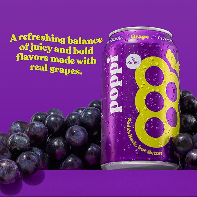 Poppi Sparkling Prebiotic Soda Beverage with Apple Cider Vinegar Seltzer Water and Fruit Juice Grape Flavor 12 Fl Oz Pack of 12 Packaging May Vary